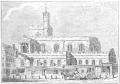 Engraving of St Dunstan's in the West, the old church in 1739 showing surrounding shops, reproduced from Godwin, 'The Churches of London' Vol I, 1838