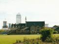 Bartlett Park with Celestial Church of Christ in near distance and Canary Wharf behind, April 2000. Photo: S Williams